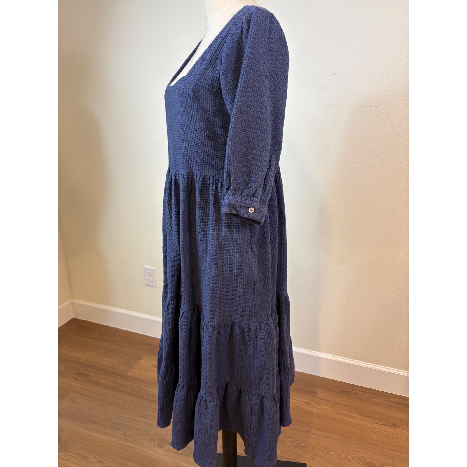 Seamsfriendly Midi Dress Womens 40 Navy Blue Waffle Cotton Tiered Modest Cottage — image 3 of 8